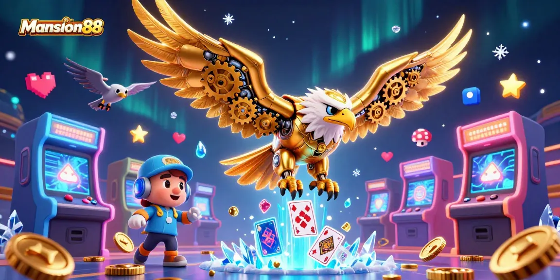 Mansion88 showcases a thrilling scene with a cybernetic golden eagle amidst holographic playing cards and arcade elements.