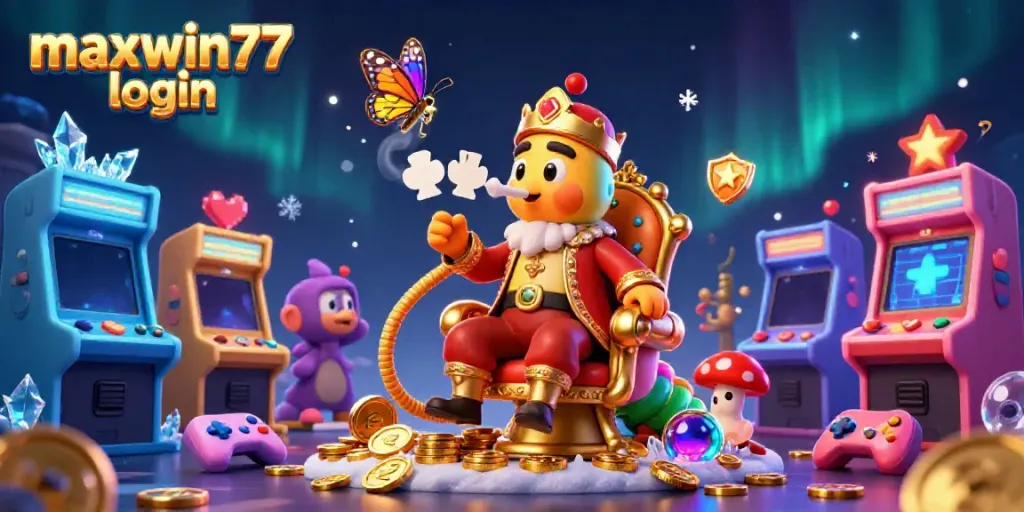 Spin and win with maxwin77 login; immersive casino scene featuring vivid characters and games.