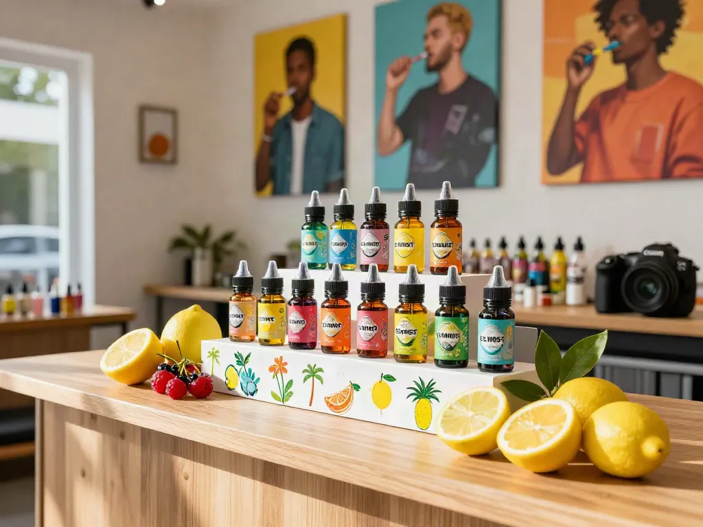 Lemon Twist E-Liquid bottles showcasing refreshing citrus flavors in a vibrant vape shop setting.