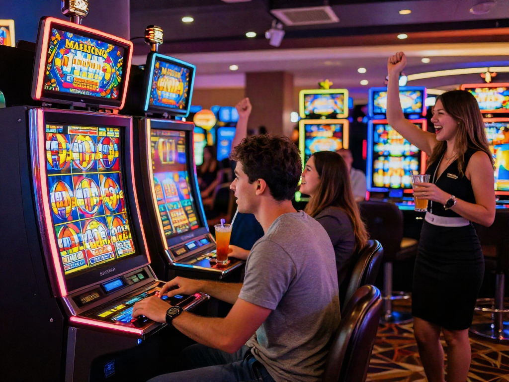 Player engaged at Slot MAHJONGJP88 machine in a lively casino, capturing excitement and social gaming atmosphere.