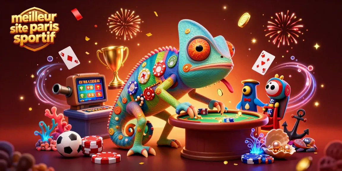 Visualisez le meilleur site de paris sportif avec un caméléon de casino attirant des pièces d'or et des éléments de paris dynamiques.