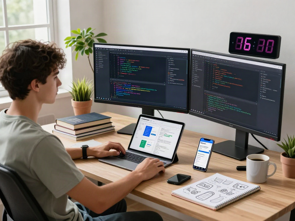 Download Pikashow Apk featured in a dynamic tech workspace with screens showing app development.