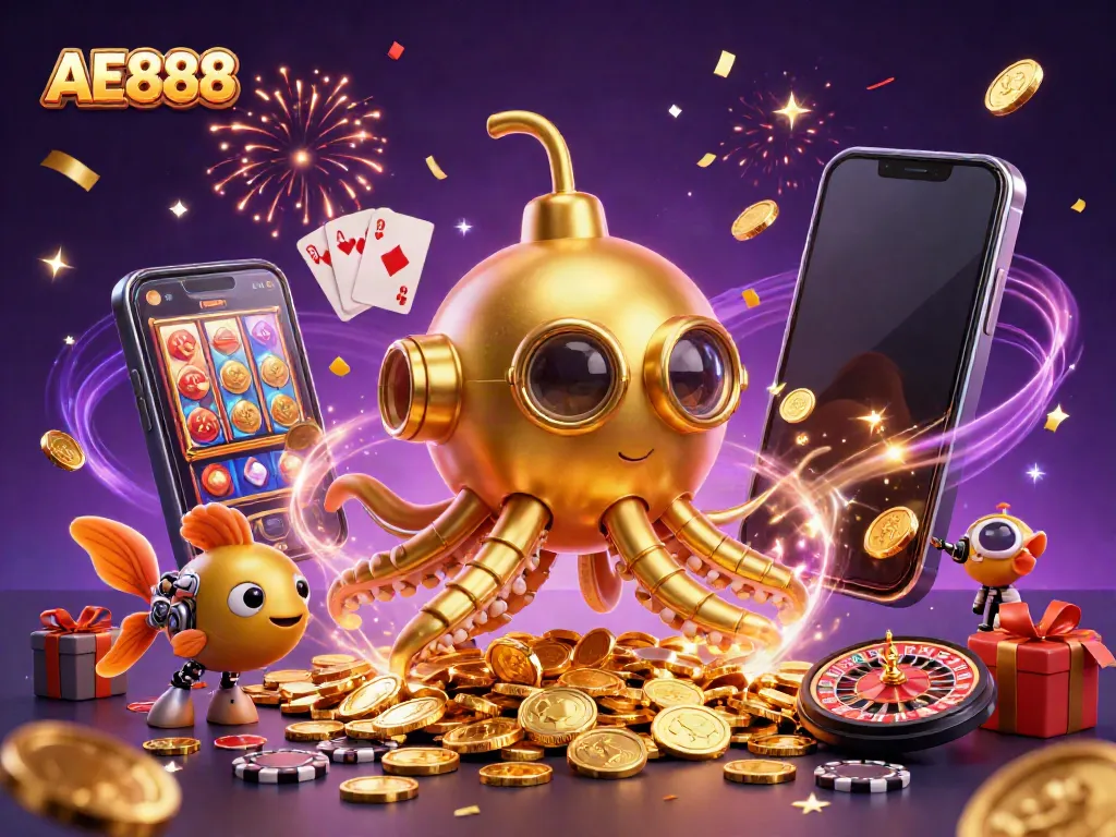 Experience exhilaration at AE888 with a golden kraken submarine exploring a treasure trove of coins amid casino games.