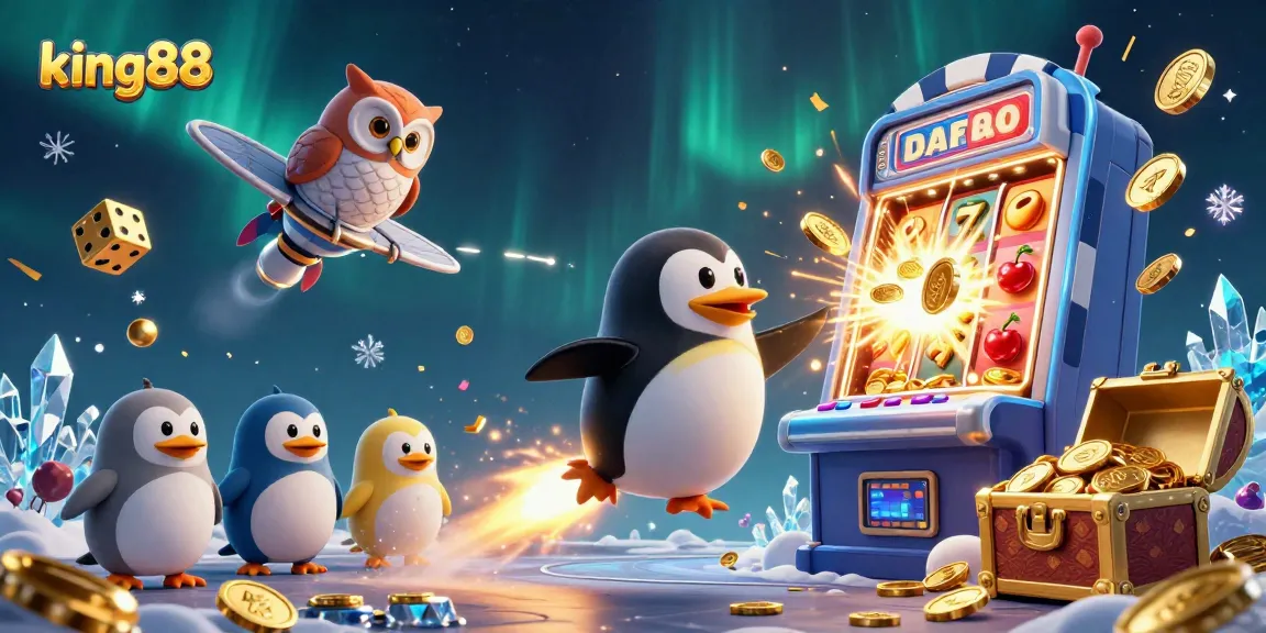 Experience the excitement of king88 with a golden penguin on a space adventure amidst thrilling casino elements.