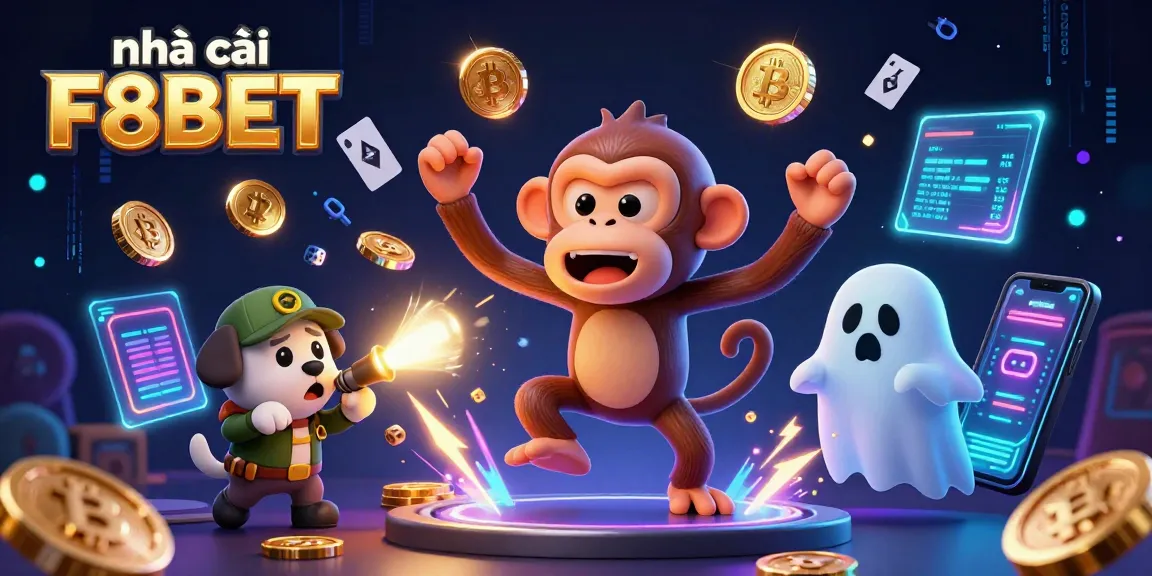 Engage with nhà cái F8BET through a vibrant cartoon scene showcasing a mischievous monkey and a curious puppy in a haunted casino.