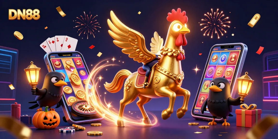 Experience thrilling gameplay at DN88 with a golden rooster riding through a vibrant midnight casino.