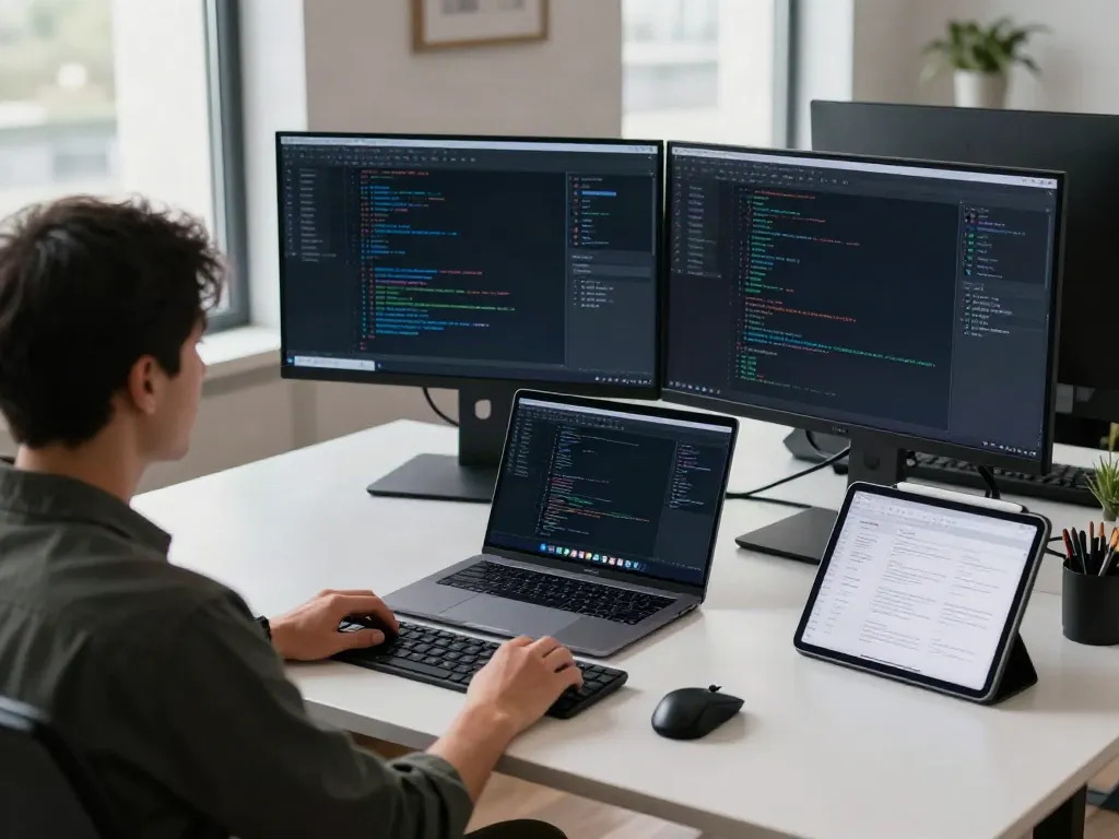 Developer using brave浏览器 in a modern tech workspace with dual monitors and ambient light.