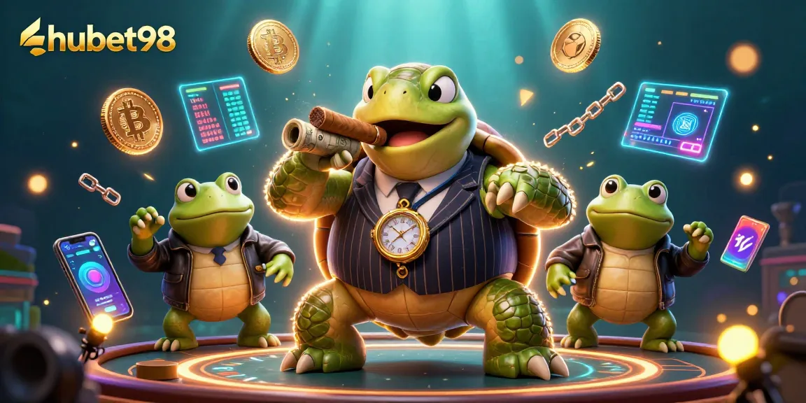 Experience the thrill of hubet98 with a vivid 3D casino scene featuring engaging characters and crypto elements.