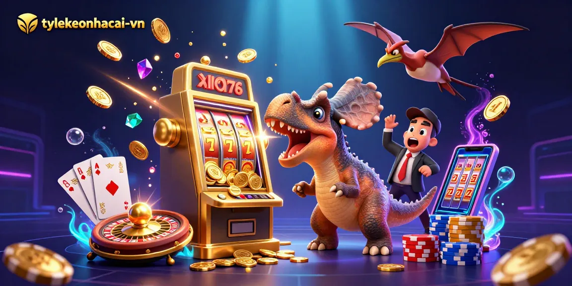 Experience the excitement of tylekeonhacai-vn with a vibrant 3D casino scene showcasing dynamic game elements.