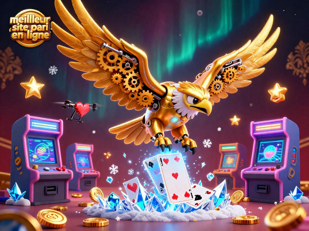 Placer des paris sur le meilleur site de pari en ligne avec un aigle cybernétique sur fond de jeux colorés.