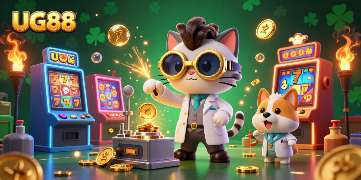 Spin to win with UG88 in this lively casino scene, featuring a mad scientist cat and a dog assistant.