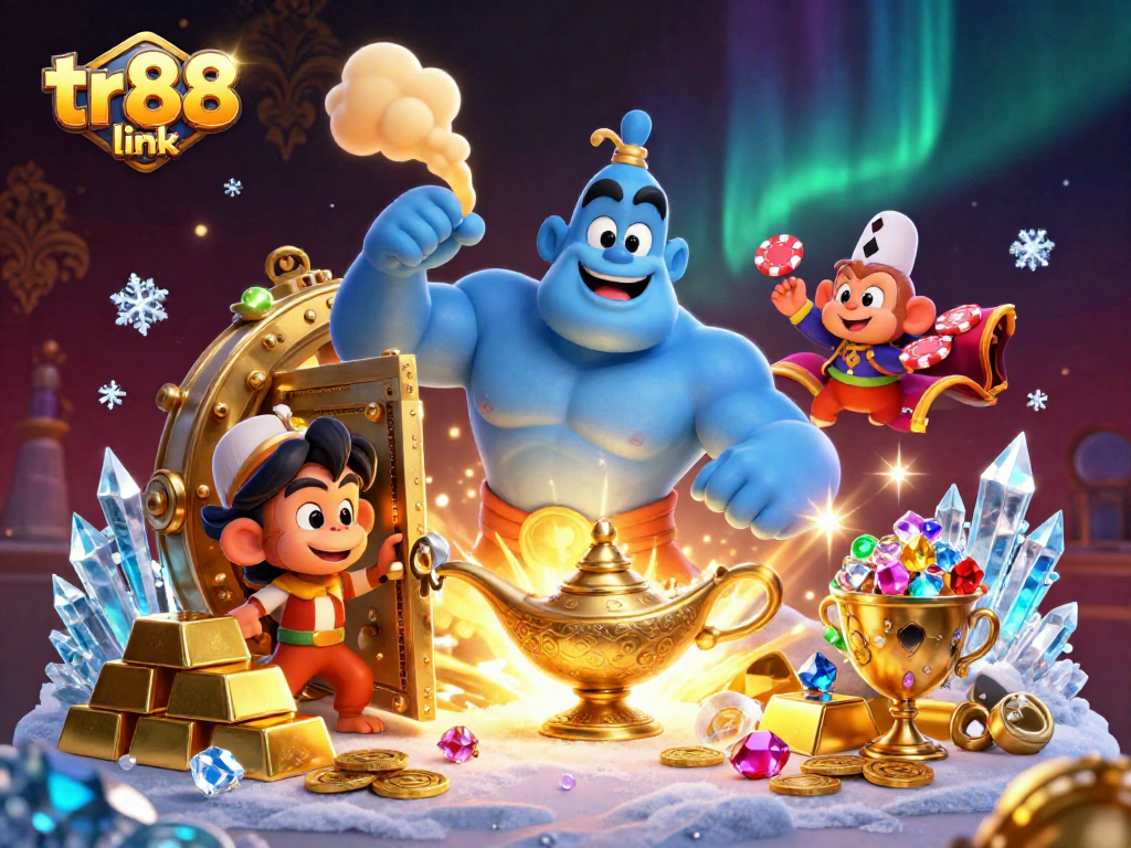 Experience thrilling wins with tr88 link in a vibrant casino scene featuring a genie and rich treasures.