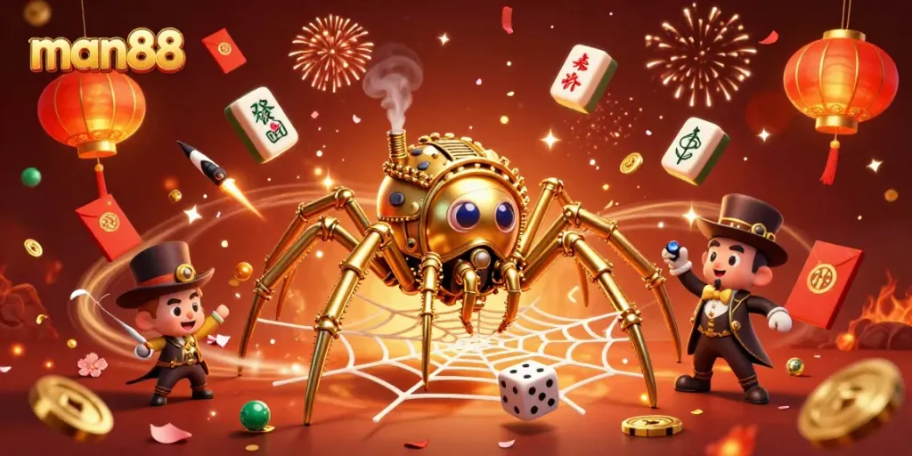 Experience the exciting world of man88 with a golden spider web of luck and fortune in this engaging illustration.