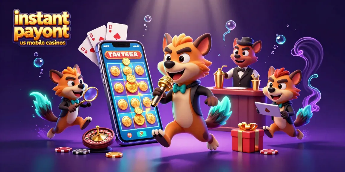 Instant payout US mobile casinos scene with hyena characters, vibrant game elements, and rich details.