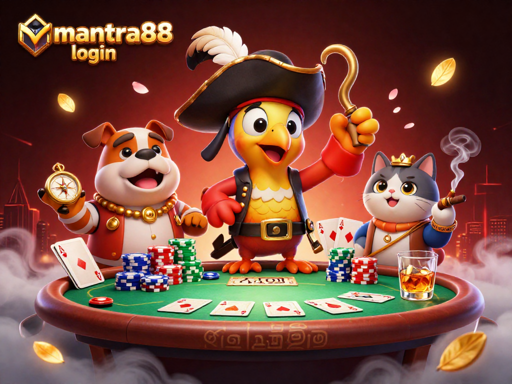 Experience the thrill of mantra88 login with this vibrant casino scene featuring poker action and colorful characters.