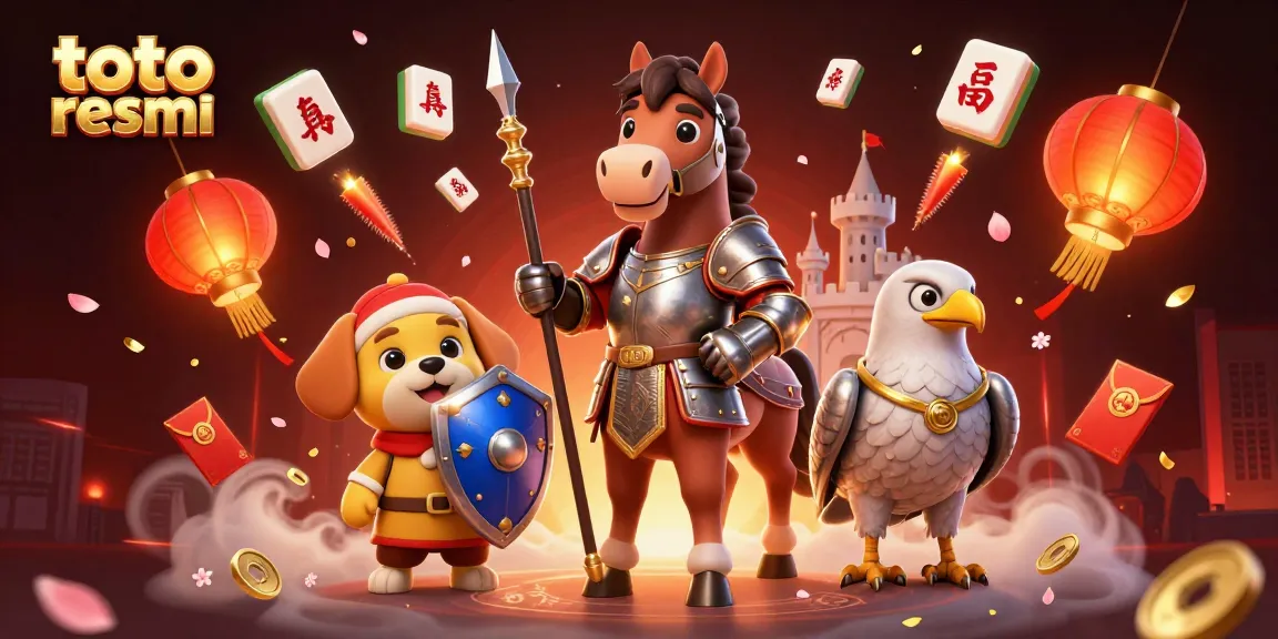 Ilustrasi kasino 3D dengan toto resmi, ksatria, anjing squire, dan elang, dikelilingi elemen permainan