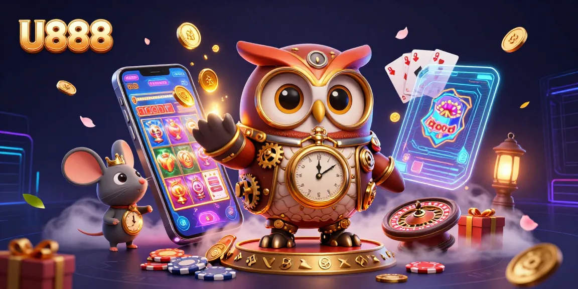 Engage in thrilling U888 gaming with a time-traveling owl, vibrant slots, and dynamic casino elements.