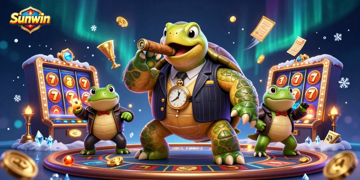 Experience the excitement of Sunwin's slots with a rich 3D casino illustration featuring unique characters and dynamic gaming elements.