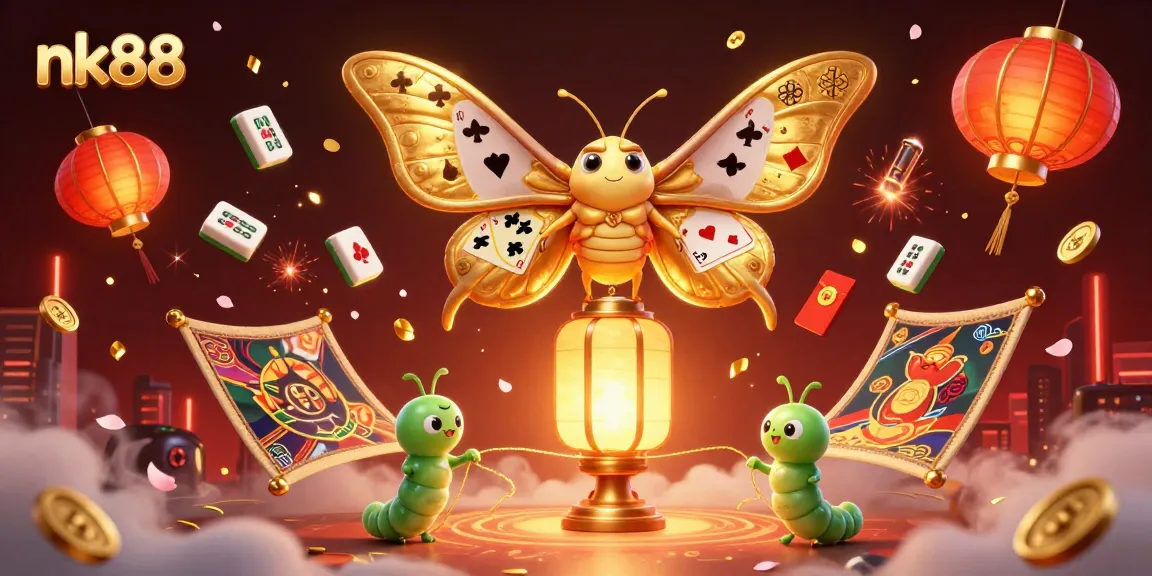 Engage in thrilling casino gameplay with nk88 and a vibrant 3D cartoon illustration of a majestic moth.