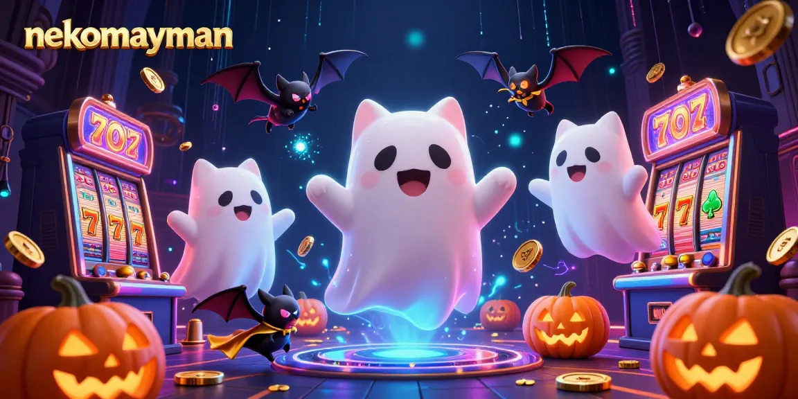 NekoMayman showcases a magical slot game scene with a friendly ghost cat and shimmering gold elements.