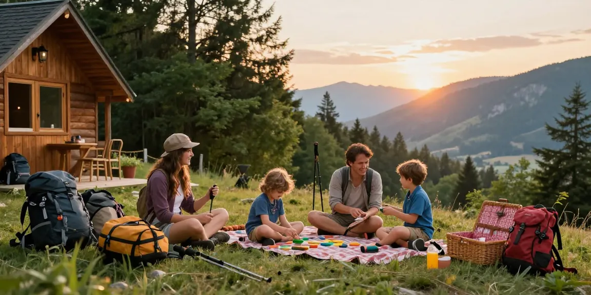 Family enjoying outdoor adventure at a mountain cabin during sunset while accessing mantra88 login.
