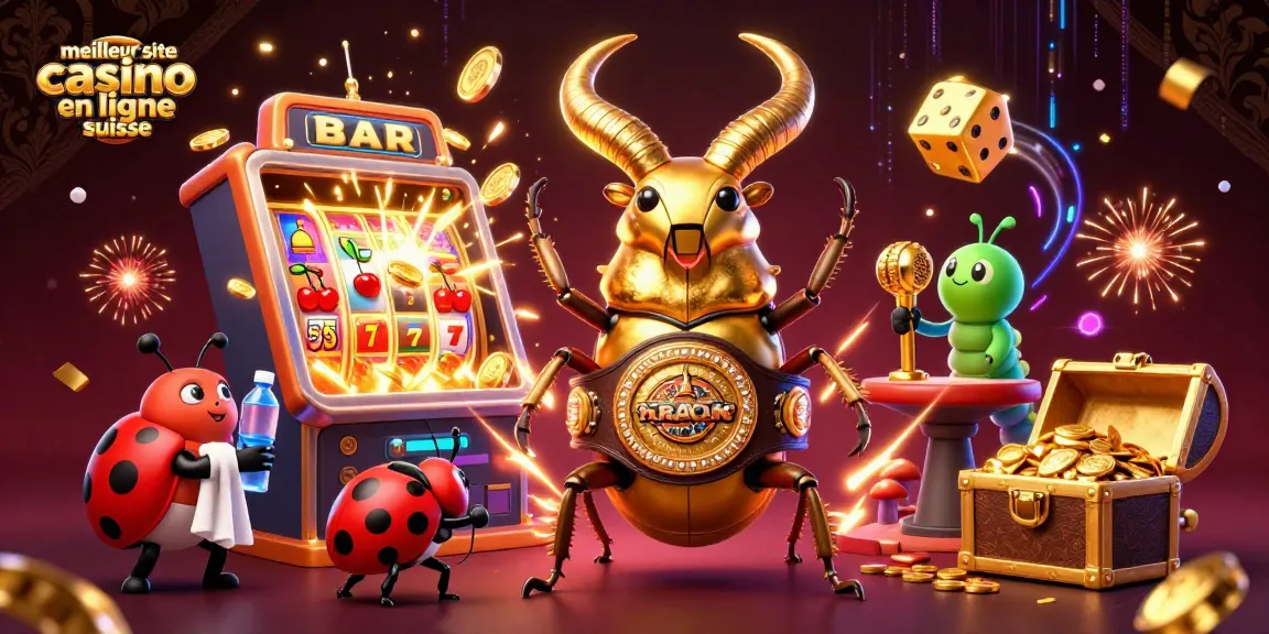 Le meilleur site casino en ligne suisse avec un scarabée doré et des machines à sous explosant de pièces.