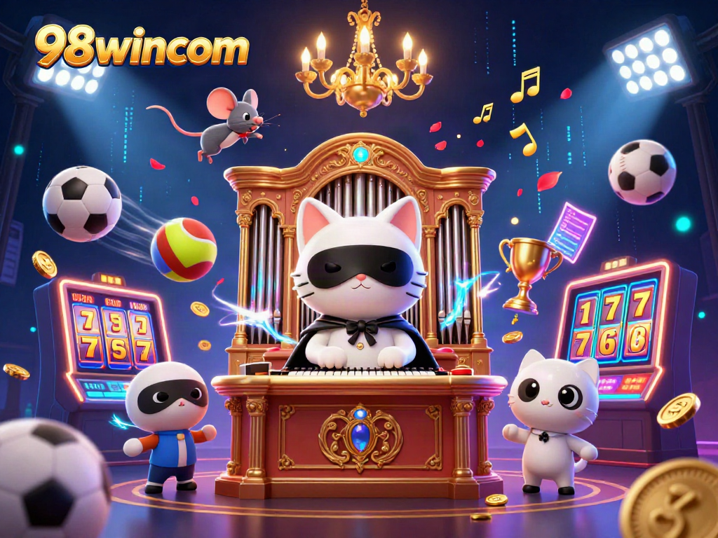 Engage with 98wincom's thrilling casino games featuring a phantom and acrobat in a vibrant 3D scene.