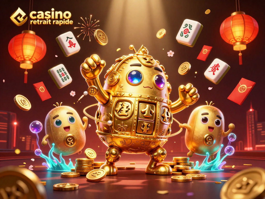 Illustration d'un golem doré tournant autour d'éléments de casino pour un retrait rapide