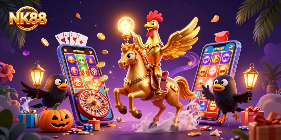 Experience excitement with NK88 as a golden rooster guides you through an enchanting casino world.