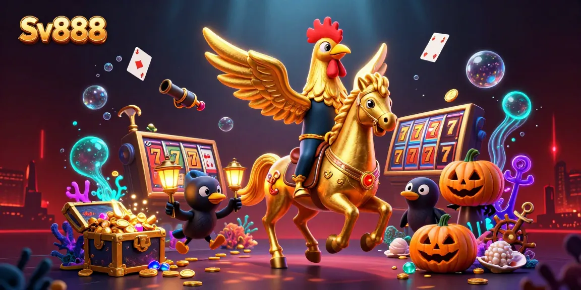 Engage with Sv888's thrilling casino experience featuring a golden rooster in a vibrant gaming scene.