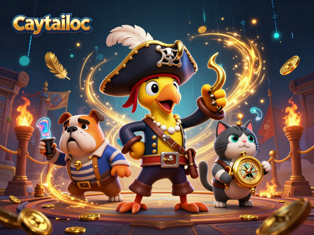 Caytailoc showcases a vibrant 3D scene of a pirate captain and crew celebrating jackpot wins amidst rich thematic gaming elements.