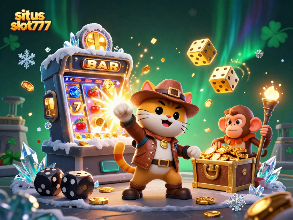 Win exciting jackpots at situs slot777 with a vibrant 3D illustration of casino adventures.