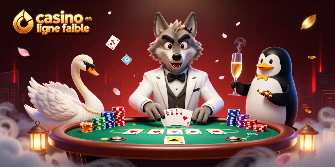 Jouez dans un casino en ligne fiable avec un loup élégant au baccarat, une cygne distribuant des cartes, et un pingouin sommelier apportant du champagne.